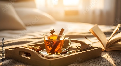 Cozy morning relaxation with spiced herbal tea in glass mug on wooden tray beside open book and cinnamon sticks on soft white bedding with warm sunlight streaming through window