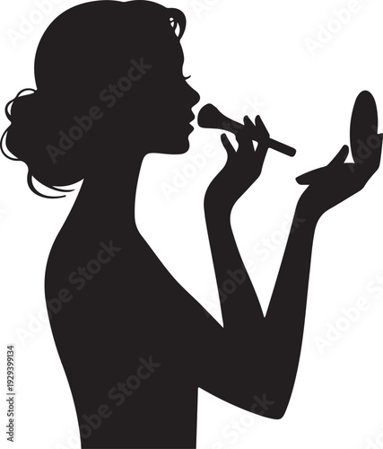 Woman applying lipstick with mirror silhouette black