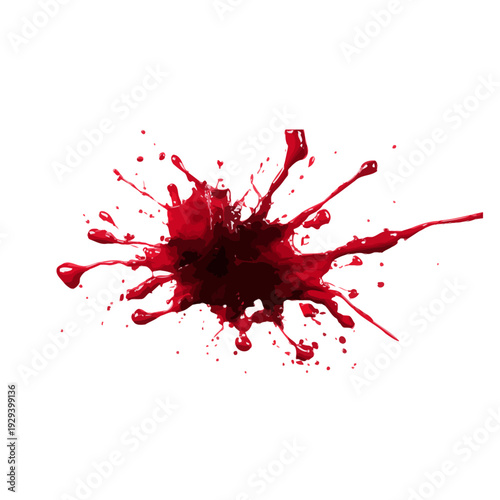 Red blood splash, dynamic liquid splatter for Halloween horror, crime scene or thriller themes, isolated vector graphic design element on white background.