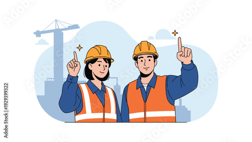 Male and female construction workers in safety gear and helmets point up with smiles in front of a building site crane.