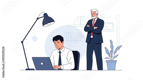Professional employee working on a laptop while a strict senior manager watches over his shoulder in a modern office.