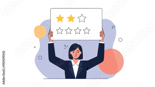 Businesswoman looking sad and worried while holding a sign showing a two-star rating for poor feedback and review.