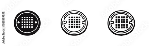 Circular manhole cover or drain grate icon set in solid, outline, and hand-drawn styles. Vector illustration for urban infrastructure concepts.