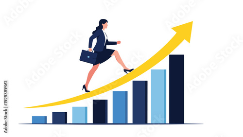 Determined businesswoman with a briefcase climbing up a rising bar graph arrow towards business success and growth.