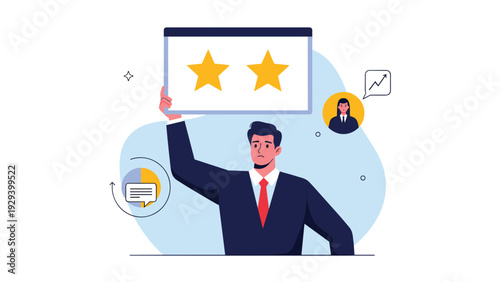 Concerned businessman holding a two-star rating sign while reflecting on poor customer feedback and reputation.