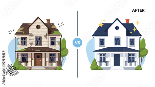 Comparison of an old dilapidated house and a freshly renovated modern home for real estate improvement concept.