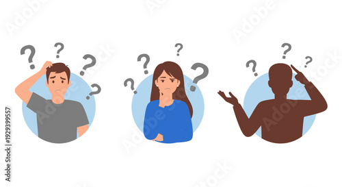 Three people confused with question marks above their heads.