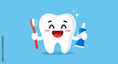 Cartoon tooth character holding toothbrush and toothpaste for oral hygiene.