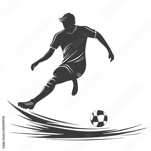 Dynamic silhouette of a soccer player kicking a ball, isolated on a white background.