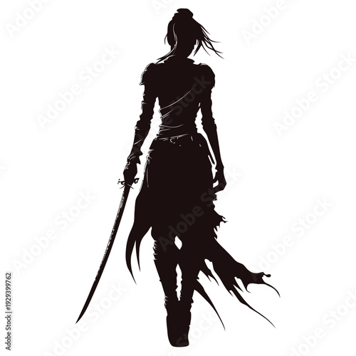 Dark mysterious figure wielding a katana, stylized shadow warrior design, isolated on white background.