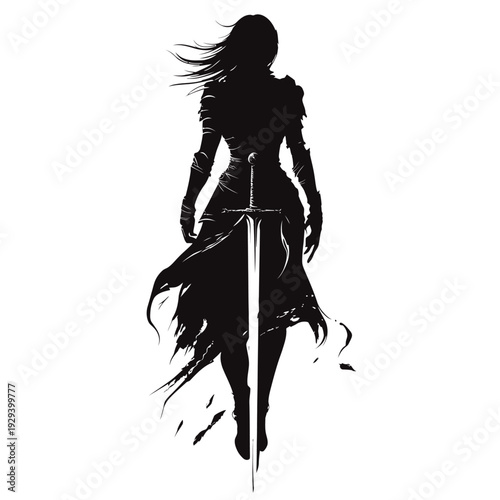 Dark fantasy illustration of a female warrior wielding a sword, detailed character design isolated on a white background.