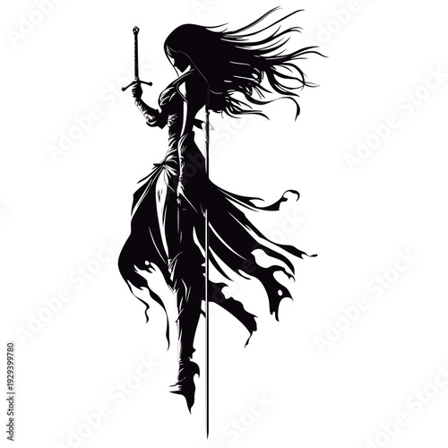 Dark fantasy illustration of a female warrior wielding a sword, detailed character design isolated on a white background.