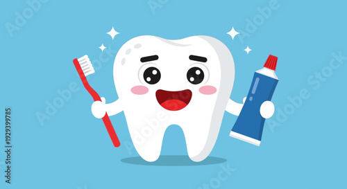 Cartoon tooth character holding toothbrush and toothpaste tube.