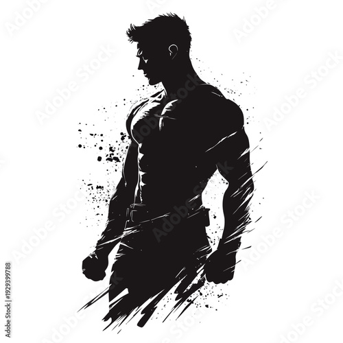 Dark artistic silhouette of a man, muscular figure with abstract ink splatter effects, isolated on a white background.