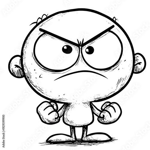 Black and white sketch of a stylized angry cartoon character face, expressive design isolated on white background.