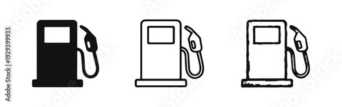 Gas pump icon set in solid, outline, and hand-drawn styles, representing fuel and energy.