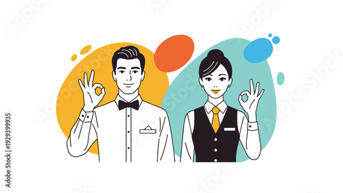 Professional male and female servers in formal waiter uniforms with bow ties and vests giving okay hand signs against a colorful background.