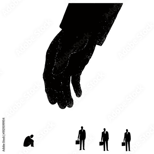 Conceptual illustration of a large hand reaching toward small business people, symbolizing control, power, and influence.