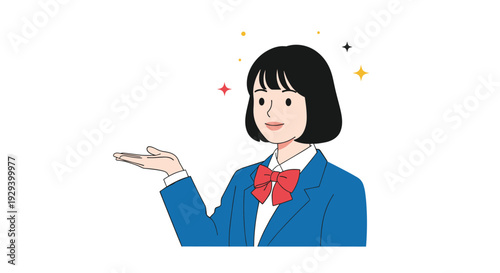 Young schoolgirl in a blue blazer and red bow tie presenting something with an open hand gesture while smiling against a white background.