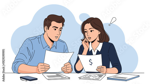 Concerned young couple sitting at a table together while reviewing financial documents, bills, and tax papers with worried expressions.
