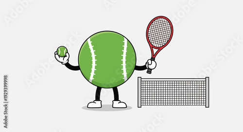 Cartoon tennis ball character holding racket and ball near net.