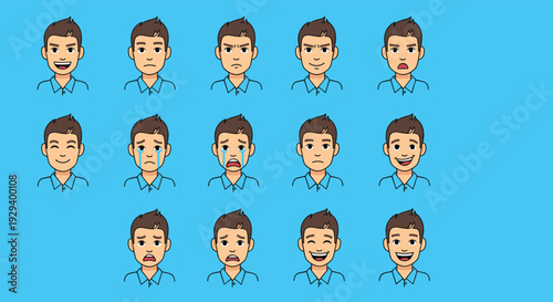 Comprehensive collection of various facial expressions and emotions of a young man with brown hair wearing a blue polo shirt.