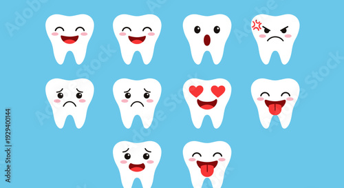 Cartoon teeth with different facial expressions on blue background.