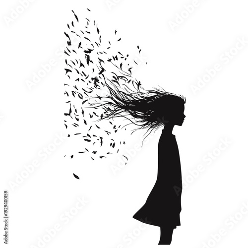 Abstract silhouette of a girl with long flowing hair, minimalist artistic design on dark background.