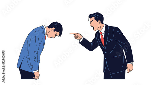 Angry boss in a dark suit shouting and pointing a finger at a remorseful employee who is bowing his head in apology for a mistake.