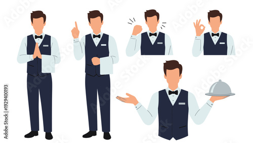 Male server in a professional waiter uniform shown in five different service poses including greeting, pointing, and holding a tray.
