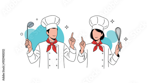 Professional male and female chefs in white uniforms and hats holding kitchen tools and pointing with advice or recommendations.