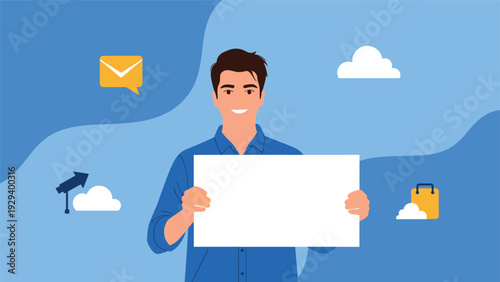 Smiling man in a blue shirt holding a large blank white horizontal sign against a blue background with clouds and various service icons.