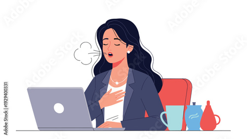 Relieved businesswoman sitting at her desk with a laptop and exhaling deeply after finishing a difficult task or meeting a deadline.