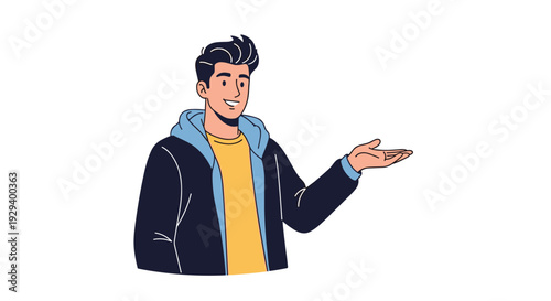 Friendly young man in a blue hoodie and yellow t-shirt gesturing with an open hand to present or introduce something against a white background.