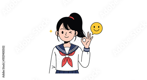 Cheerful schoolgirl in a sailor uniform winking and giving an okay hand sign with a happy yellow smiley face speech bubble.