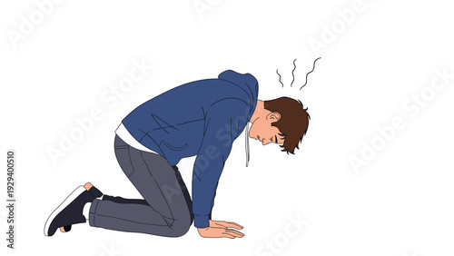 Man in a blue hoodie and gray pants kneeling on the floor in a deep bow or pose of profound apology or extreme disappointment.