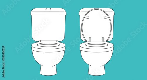 Two Toilets with Different Lid Positions on a Turquoise Background.