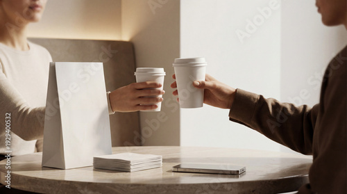 A cohesive premium brand world scene inside a minimalist architectural café with warm indirect light