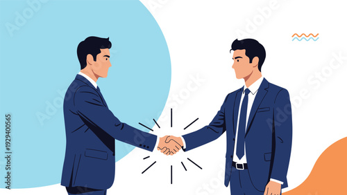 Two professional businessmen in dark blue suits shaking hands to finalize a deal, partnership, or agreement against a stylized background.