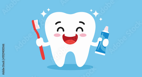 Happy cartoon tooth character holding toothbrush and toothpaste.