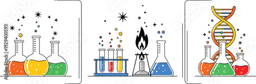 Science Laboratory Experiment Illustration with Chemical Flasks Test Tubes Bunsen Burner and DNA Helix Vector Line Art Design