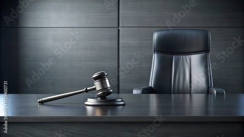 A gavel rests on a polished dark wood surface in front of an unoccupied executive chair against a backdrop of dark paneled walls.