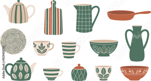 Modern Ceramic Kitchenware Vector Set with Teapot Cups Pitcher Bowls and Minimalist Hand Drawn Pottery Illustration