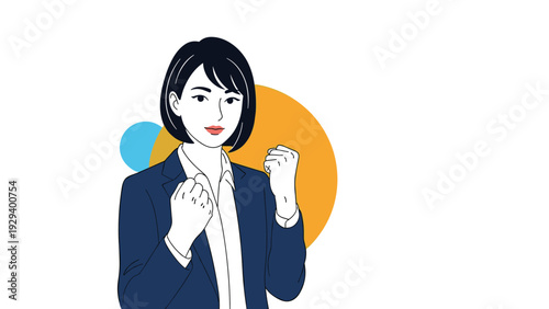 Motivated young businesswoman in formal attire showing determination with clenched fists for success and achievement.