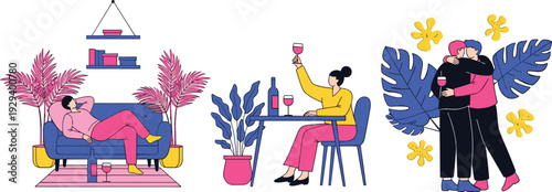 Modern Home and Couple Lifestyle Illustrations with Relaxing, Dining, and Romantic Moments in Bold Colors for Interior and Relationship Designs
