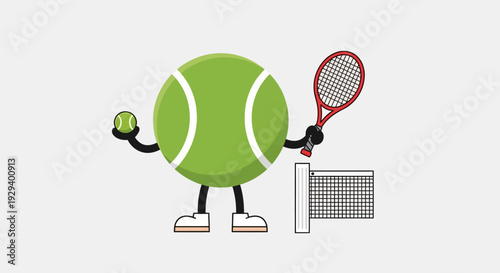 Cartoon tennis ball character playing tennis with racket and ball.