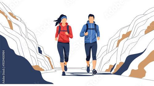 Active man and woman jogging through a scenic mountain valley trail together to maintain physical fitness and health.