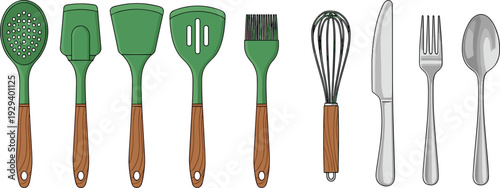 Kitchen Utensils Vector Set with Silicone Spatula, Slotted Turner, Whisk, Knife, Fork and Spoon Featuring Wooden Handles