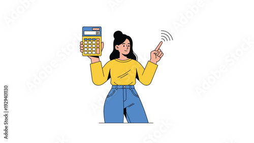 Young woman holding a calculator and pointing upwards to represent financial planning and budget management success.