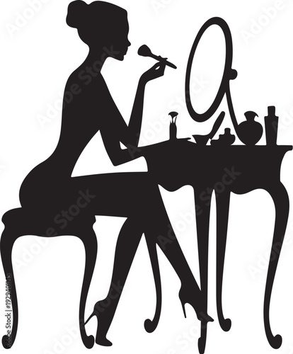 Woman applying makeup in front of vanity with mirror